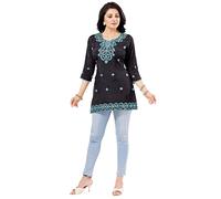Kurti for Women: Premium Indian Kurtis Ethnic Tops - Stylish Tunics for Casual, Party and Festive Wear RJ42BKFBA Indians Viscose Blend Black Solid Tunic Round Neck MiniCasual (Numeric_16) Black