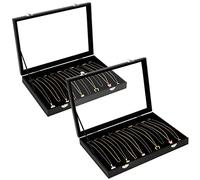 Kurtzy 2 Pack Black Velvet Necklace Jewellery Organise Storage Display Case Box Tray with 20 Hooks and Lockable Glass Lid - Stackable Tray for Drawer - For Necklaces, Bracelets, Earrings and Anklets