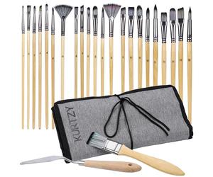 Kurtzy 24-Piece Artist Paint Brush Set with Case - Nylon Hair Brush Set for Acrylic, Watercolour, Gouache or Oil Painting - Ideal for Face Painting, Miniature Detailing, Nail Art & Rock Painting