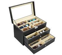 Kurtzy Black Faux Leather Sunglasses Organiser Box - 18 Slots for Glasses - 3 Tier Lockable Display/Storage Collection with Drawers - Sunglasses, Eyewear, Watches & Jewellery Case for Men & Women