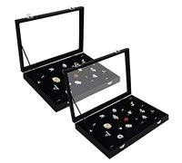 Kurtzy Black Velvet Ring Jewellery Storage Display Box Trays with 100 Slots and Lid (2 Pack) - Showcase Organiser Case Holder with Clear Transparent Glass Lid for Rings, Earrings and Cufflinks