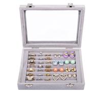Kurtzy Grey Velvet Jewellery Display Box - 7-Slot Ring Box and Earring Storage Organiser - Ring and Earring Holder Storage Box - Showcase/Display Tray