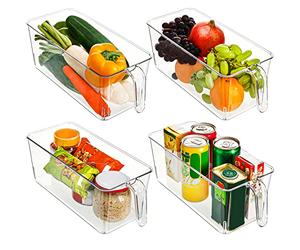 Kurtzy Kitchen Fridge & Cupboard Storage Containers with Handles (4 Pack) - 31.2cm/12.28 Inches Overall Length - Clear Plastic Refrigerator Tubs for Bathroom, Pantry, Drawer, Freezer and Home