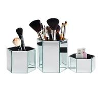 Kurtzy Set of 3 Mirrored Hexagon Makeup & Cosmetic Brush Holder - Small, Medium & Large Silver Pots - Home & Bathroom Vanity Unit Storage Organiser - Practical & Modern Pen & Pencil Desk Tidy