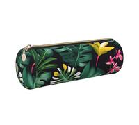 kurue Hawaiian Tropical Leaves Flower Case Leather Pen Bag Slim Pencil Pouch Lovely Stationery Bag Portable Cosmetic Bag Zipper Organizer Bag