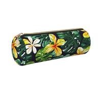 kurue Hawaiian Tropical Leaves Flowers Case Leather Pen Bag Slim Pencil Pouch Lovely Stationery Bag Portable Cosmetic Bag Zipper Organizer Bag