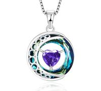 Kuschelkatze Sterling Silver Heart Birthstone Necklace for Women - Crystal Ring and Moon Pendant with Hidden Engraved I Love You To The Moon And Back - Personalised Jewellery Gift, Large, Sterling