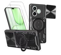 KUSINHOKA Case for HONOR 600 Lite + 2 Pack Screen Protector With Slide Camera Protection Cover,Magnetic Metal Ring Kickstand Shockproof Military Grade Heavy Duty Tough Cover,Black