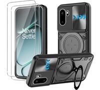 KUSINHOKA Case for OnePlus 15R 5G + 2 Pack Screen With Slide Camera Protection Cover,Magnetic Metal Ring Kickstand Shockproof Military Grade Heavy Duty Tough Cover,Black