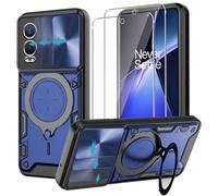 KUSINHOKA Case for OnePlus Nord CE 4 Lite + 2 Pack Screen With Slide Camera Protection Cover,Magnetic Metal Ring Kickstand Shockproof Military Grade Heavy Duty Tough Cover,Blue.