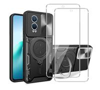 KUSINHOKA Case for OnePlus Nord CE 4 Lite + 2 Pack Screen With Slide Camera Protection Cover,Magnetic Metal Ring Kickstand Shockproof Military Grade Heavy Duty Tough Cover,Black.