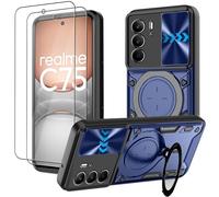 KUSINHOKA Case for Realme C75 4G/Realme 14x 5G + 2 Pack Screen With Slide Camera Protection Cover,Magnetic Metal Ring Kickstand Shockproof Military Grade Heavy Duty Tough Cover,Blue
