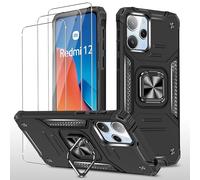 KUSINHOKA Case for Xiaomi Redmi 12 with Ring Kickstand + 3 Pack Screen Protector,[Anti-Scratch] Hard PC +TPU Military Grade Phone Case,[Shock Absorption] Protective Bumper Cover,Black