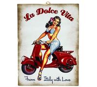 KUSTOM ART La Dolce Vita Vintage Style Painting Pin-up Series Souvenir Italy Motorcycle Scooter La Dolce Vita Print on Wood 25 x 18 cm