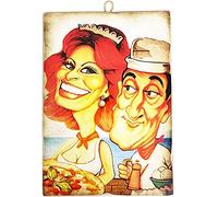 KUSTOM ART Picture Painting Vintage Style Famous Actors Sofia Loren Serving Pizza and Totò" Print On Wood For Restaurant Pizzeria Trattoria Bar Hotel.