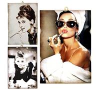 KUSTOM ART Set of 3 Vintage Style Paintings Series Famous Actors Audrey Hepburn Wood Print 18x25 (1) and 15x10 (2) cm.