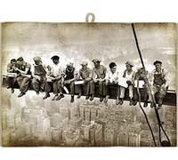 KUSTOM ART Vintage Style Picture Historical Picture Workers Paused On Suspended Crane New York Print on Wood 10X15 cm