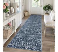 KUTA Boho Runners for Hallways 2.6x10 ft Moroccan Washable Runner Rug Non-Slip Vintage Navy Blue Kitchen Rugs Ultra Soft Distressed Geometric Floor Carpet for Bedroom Laundry Living Room