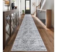 KUTA Extra Long Runner Rug for Hallway 2.6x18ft, Grey Vintage Washable Kitchen Runners, Non-Slip Stair Rugs Ultra Soft Printed Modern Floral Distressed Carpet for Bedroom Living Room