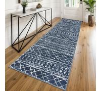 KUTA Moroccan Washable Runner Rug 2.6x8, Non-Slip Vintage Navy Blue Boho Hallway Runners Rugs Ultra Soft Print Distressed Geometric Floor Carpet for Bedroom Laundry Living Room