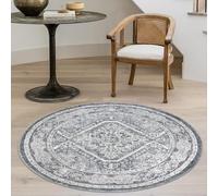 KUTA Oriental Round Rug 3ft, Grey Washable Boho Circle Indoor Area Rugs, Non-Slip Vintage Medallion Foyer Carpet for Entryway Farmhouse Kitchen Dining Room Table