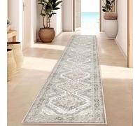 KUTA Oriental Washable Runner Rug, 2x12 Ivory Grey Yellow Brown Runners for Hallways Non-Slip Kitchen Rugs Ultra Soft Printed Distressed Tribal Farmhouse Carpet for Bedroom Living Room Playroom