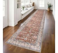 KUTA Vintage Long Runners for Hallways, 2.6x12 Terracotta Washable Non-Slip Kitchen Rugs Ultra Thin Soft Printed Distressed Oriental Floral Floor Carpet for Laundry Bedroom Living Room Nursery