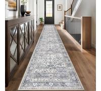 KUTA Vintage Washable Long Runner Rug, 2.6x18 Grey Runners for Hallways Non-Slip Kitchen Rugs Ultra Thin Soft Printed Distressed Oriental Floral Floor Carpet for Laundry Bedroom Living Room Nursery