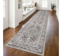 KUTA Vintage Washable Runner Rug 2.6x12, Non-Slip Hallway Kitchen Rugs Tan Grey with Rubber Backing, Ultra Soft Printed Distressed Modern Medallion Extra Long 12ft Runners Indoor for Bedroom