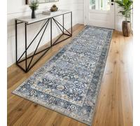 KUTA Vintage Washable Runner Rug, 2.6x8 Blue Beige Runners for Hallways Non-Slip Kitchen Rugs Ultra Thin Soft Printed Distressed Oriental Floral Floor Carpet for Laundry Bedroom Living Room Nursery