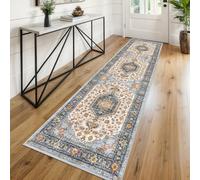 KUTA Vintage Washable Runner Rug, 2x8 Ivory Blue Runners for Hallways Non-Slip Kitchen Rugs Ultra Soft Printed Tribal Floor Carpet for Bedroom Living Room Nursery Playroom