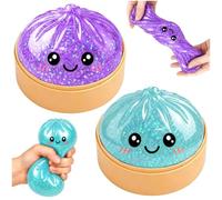 KutaKuta 2 PCS Glitter Squishy Bao Dumpling Toy, High Density Malt Sugar Filled Squishy, Blue + Purple Decompression Sensory Toys with Steamer Box, Squishy Fidget Toy for Adult & Kids, Office, Home