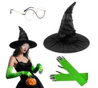 KutaKuta Witch Costume Accessories - 3 PCS Halloween Adult Witch Costume Set | Elphaba Costumes, Wicked Costumes Black Witches Hats with Glasses Green Gloves Claws for Women Dress Up, Cosplay Party