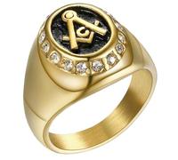 KUTCEK Masonic Ring for Men Vintage Gold Plated Titanium Steel Band with Zircon Fraternal Jewelry Gift