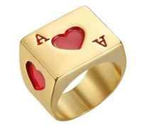 KUTCEK Men's Playing Card Ring Titanium Steel Square Face Red Heart Design Vintage Poker Style Statement Jewelry Gift for Him