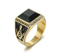 KUTCEK Men's Vintage Black Onyx Masonic Ring - Gold Plated Titanium Steel Punk Gothic Jewelry Gift for Men