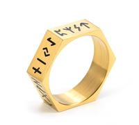 KUTCEK Mystic Viking Runes Titanium Ring - Hexagon Norse Unisex Jewelry Gift with Ancient Runic Symbols
