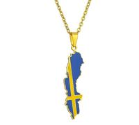 KUTCEK Stainless Steel Sweden Map Flag Enamel Pendant Necklace Travel Memory Gift Hand-Painted Art Unisex Sweater Chain