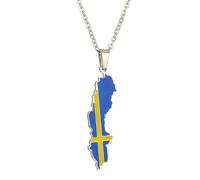 KUTCEK Stainless Steel Sweden Map Flag Enamel Pendant Necklace Travel Memory Gift Hand-Painted Art Unisex Sweater Chain