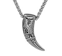 KUTCEK Titanium Steel Viking Wolf Tooth Pendant Necklace with Double Sided Rune Design Norse Jewelry Long Chain Gift for Men