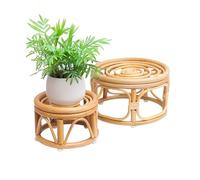 KUTORKILL Set of 2 Boho Rattan Woven Round Decorative Risers Plant Stands Indoor, Mid Century Minimalist Modern Plant Stand, Wicker Short Plant Stand Holder Suitable Fits 8'' and 12'' Pots