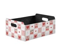 Kutsu Cherry Heart Plaid Storage Basket, Foldable Open Storage Bins with Double Handle, Felt Boxes for Office Desk, Rectangular Closet Organizer Containers for Home Bedroom