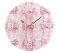 Kutsu Valentine Pink Bows Wall Clock Silent Non Ticking, Battery Operated Round Clock 10 Inch for Home Bedroom Living Room Kitchen Office School Classroom, Gold