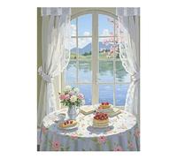 KUUFUUT Hand-Painted Lakeside Window Still-Life Canvas Oil Painting Cozy Breakfast Floral Table Wall Art Vintage Cottagecore for Home Decorations Wall Decor 100X150Cm（39X59Inch