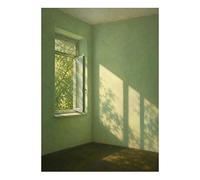 KUUFUUT Hand-Painted Oil Painting Peaceful Sun-Shaded Green Corner Calm Aesthetic Open-Window Artwork Wabi-Sabi Minimalist Wall Decor for Living Room Bedroom 40X60Cm（16X24 Inch