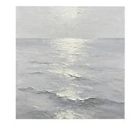 KUUFUUT Hand-Painted Wabi-Sabi Muted Grey Ocean Wall Art, Heavy Texture Impasto Sun Reflection Sea Oil Painting Calming Nature Scenery Wall Decor for Home 60X60Cm（24X24Inch）