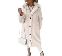 KUUFUUT Long Teddy Jacket for Women Warm Teddy Bear Fluffy Coat Fashionable Lapel Winter Jacket Casual Long Sleeve Plush Coat Windproof Outdoor Overcoat Apricot M