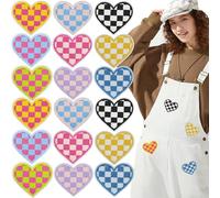 KuuGuu 18 PCS Heart Iron on Patches Cute Lattice Heart Sew On Patches Checkerboard Simplicity Fashion Embroidered Decorative Applique for Clothing Bags Jackets Jeans DIY Hats Accessory Craft Valentine