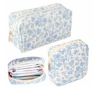 KuuGuu 2 PCS Blue Floral Makeup Bag Cute Flowers Cotton Quilted Cosmetic Bag Fashion Travel Toiletry Storage Bags Aesthetic Essential Bags Toiletry Period Organizing Accessories for Women Girls