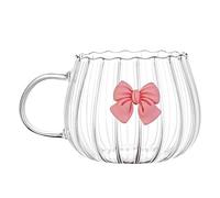 Kuuleyn Glass Pumpkin Cups,Beverage Glass Cup,Bow Mugs,Cute Bow Single Layer Reusable Coffee Cup,Vertical Stripe Coffee Mug with Handle for Milk Tea Espresso Cappuccino Mocha (Pink)